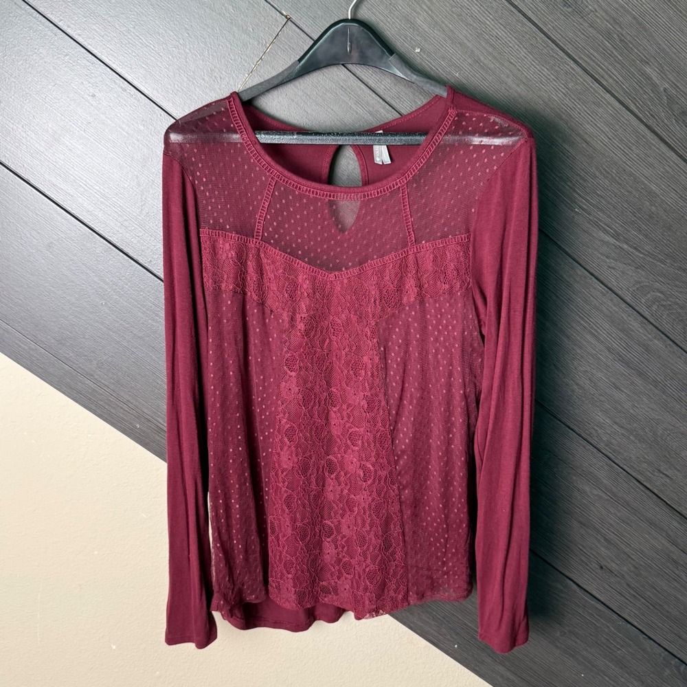 Vanity Women's Swiss Dot Lace Blouse Burgundy Long Sleeve Size L Cottagecore